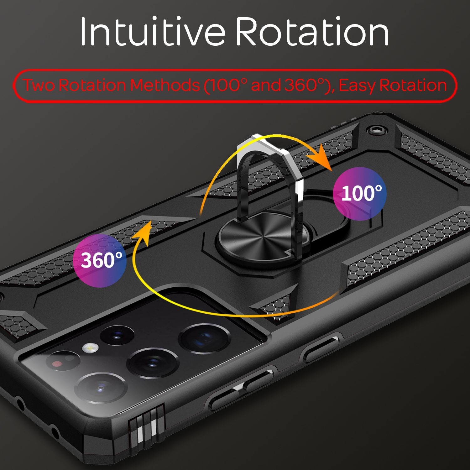 Custodia nera per telefono con anello, mostra rotazione 100° e 360°.