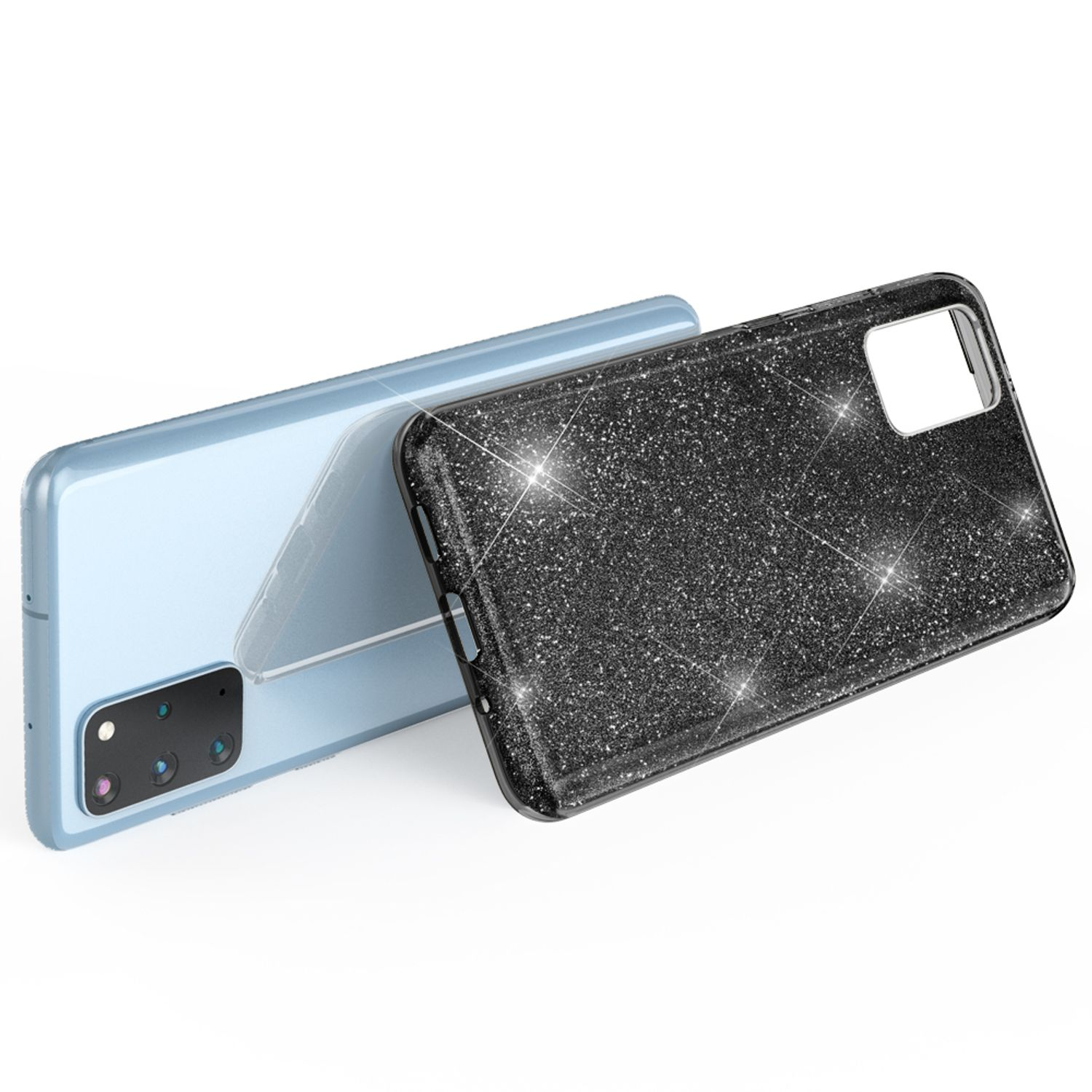 Ein hellblaues Handy mit schwarzer Glitzerhülle ist vor weißem Hintergrund zu sehen.