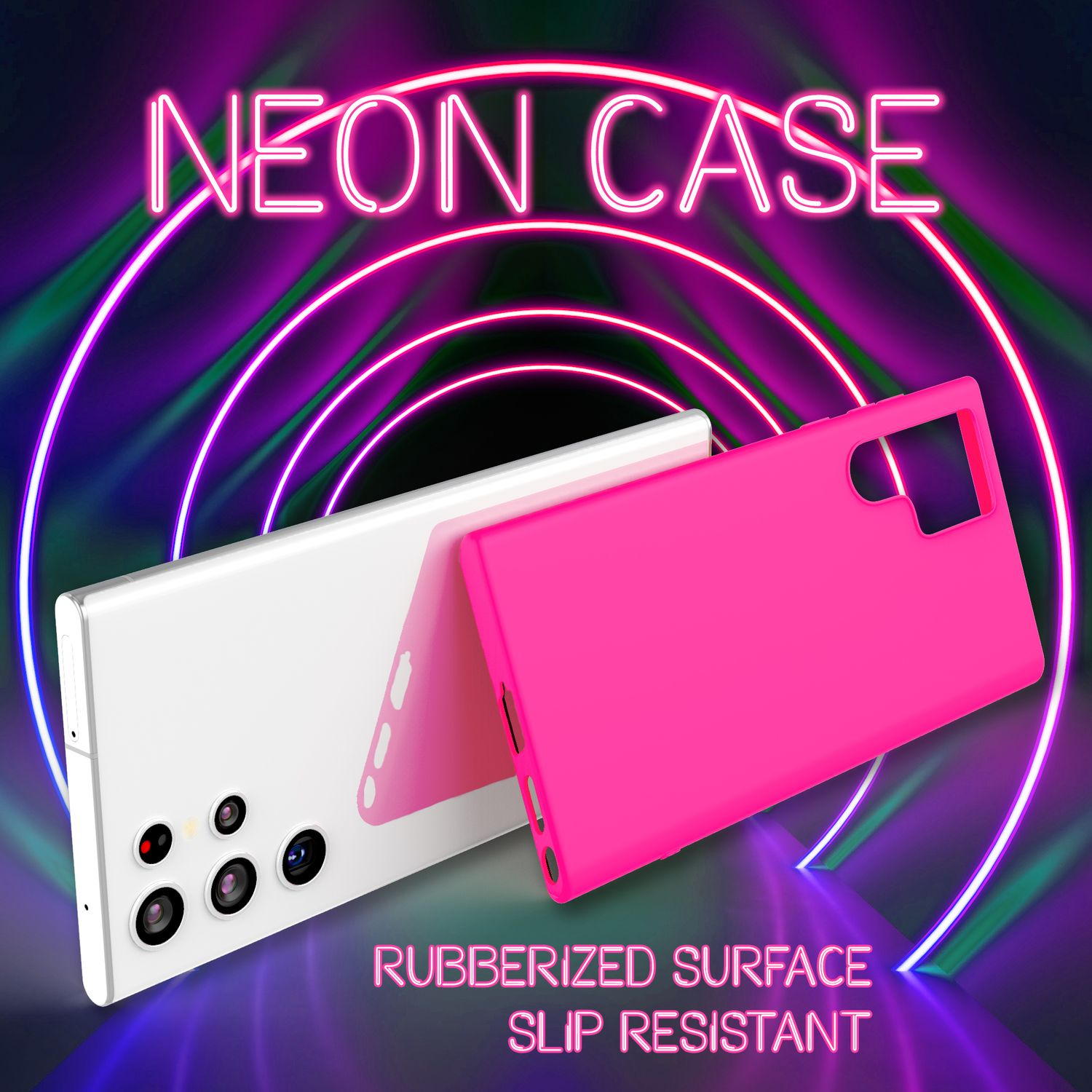Custodia Neon: Telefono bianco con custodia rosa. Superficie gommata, antiscivolo.