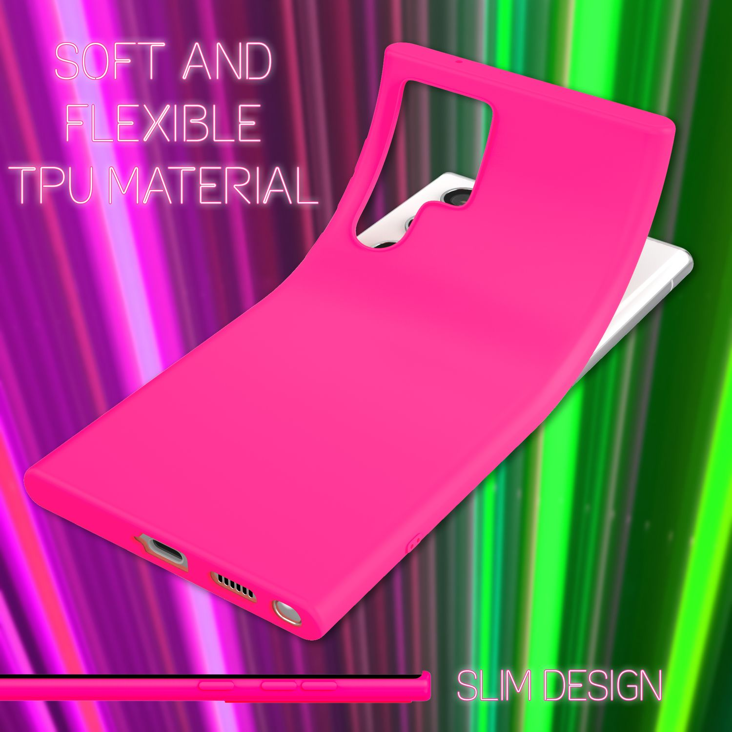 Una custodia per telefono rosa acceso in materiale TPU flessibile dal design sottile.