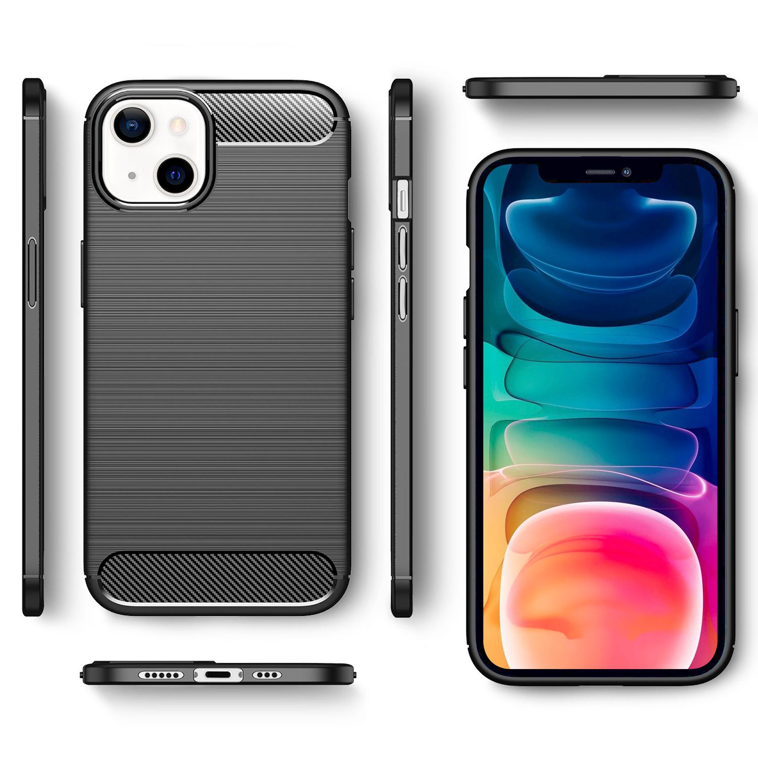 Schwarze Handyhülle mit Karbonmuster-Akzenten, iPhone mit bunter Tapete.