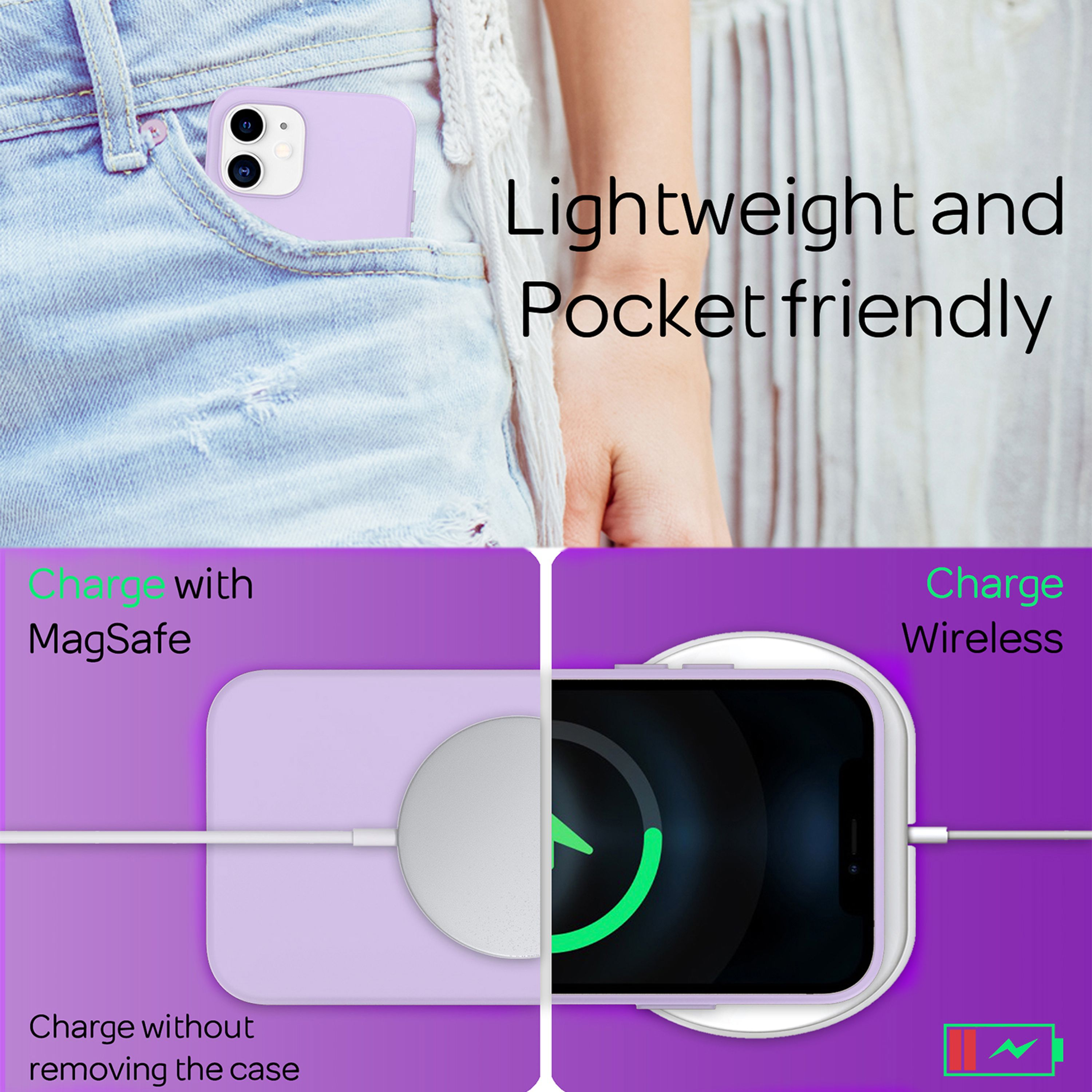 Ein lila Handycase steckt in einer Jeans. Es zeigt MagSafe- und kabelloses Laden.