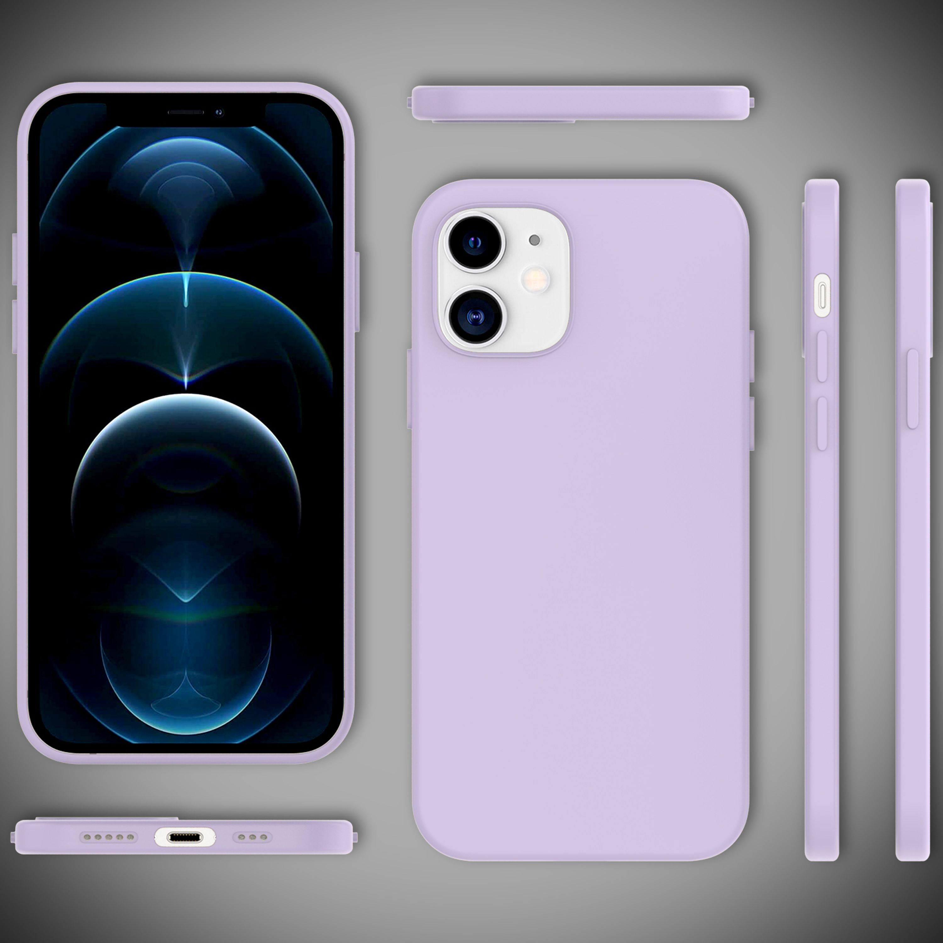 Ein lila iPhone-Schutzhülle, Vorder- und Rückseite, Seitenansichten.