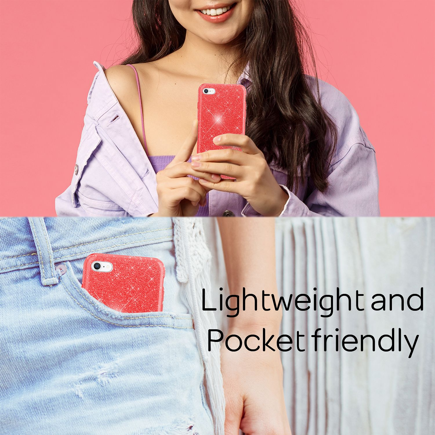 Una donna tiene un telefono rosso scintillante. È in una tasca di jeans.