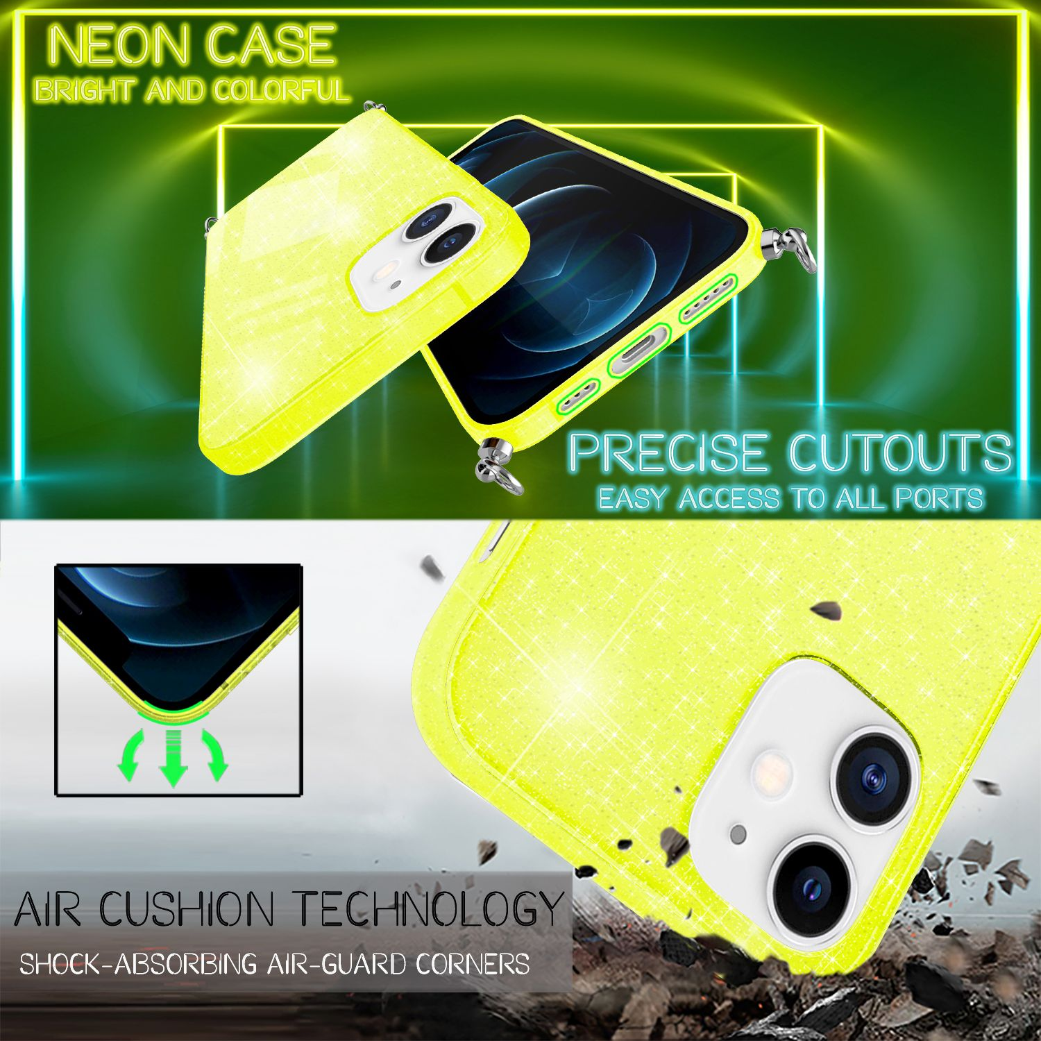 Custodia per telefono gialla brillante glitterata con ritagli precisi e tecnologia air cushion.