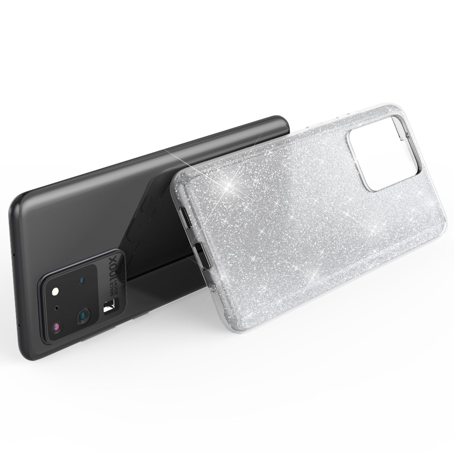 Ein glitzernder silberner Handyhülle liegt neben einem schwarzen Smartphone.