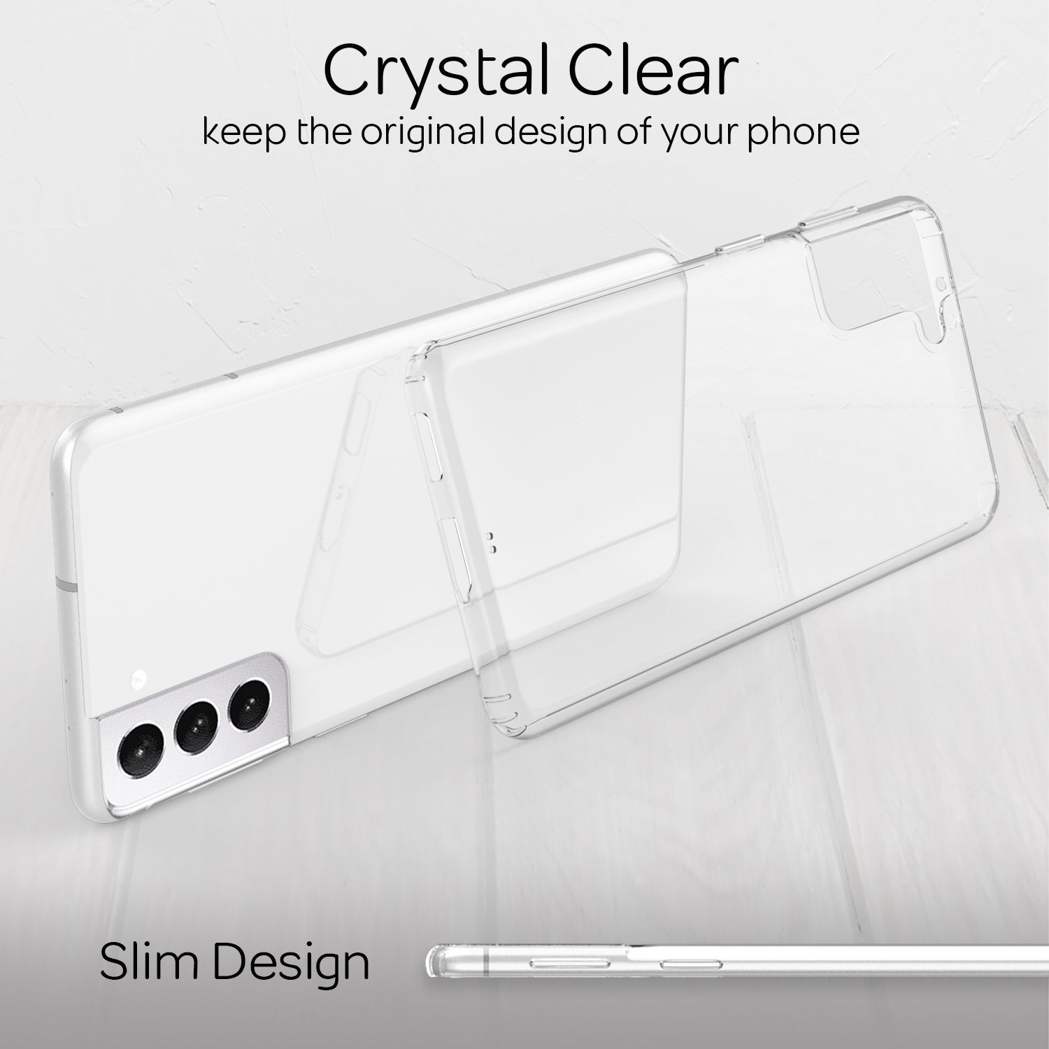 Eine durchsichtige Handyhülle wird auf einem weißen Handy gezeigt, die schlankes Design betont.