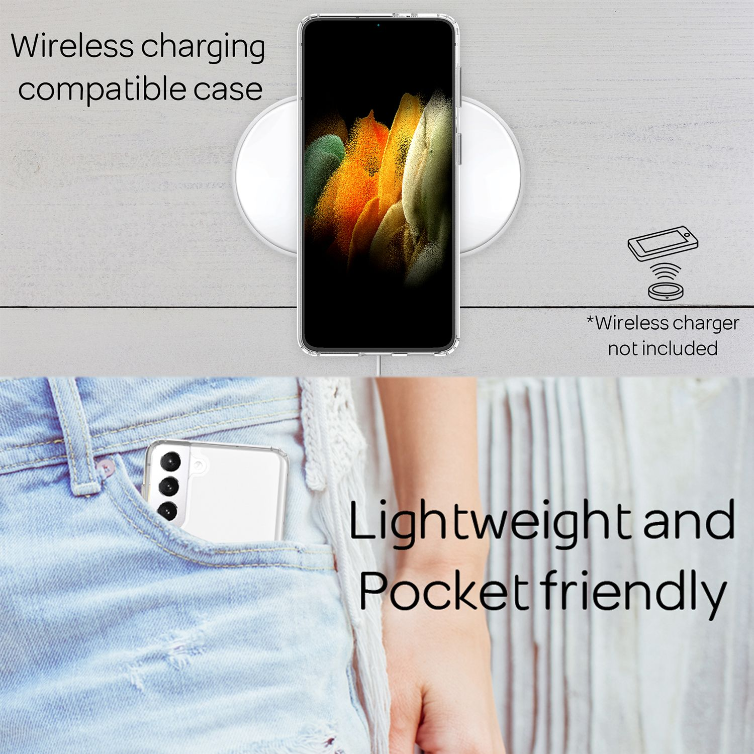 Ein durchsichtiger Handyhülle mit einem Handy auf Ladestation und in Jeans-Tasche.