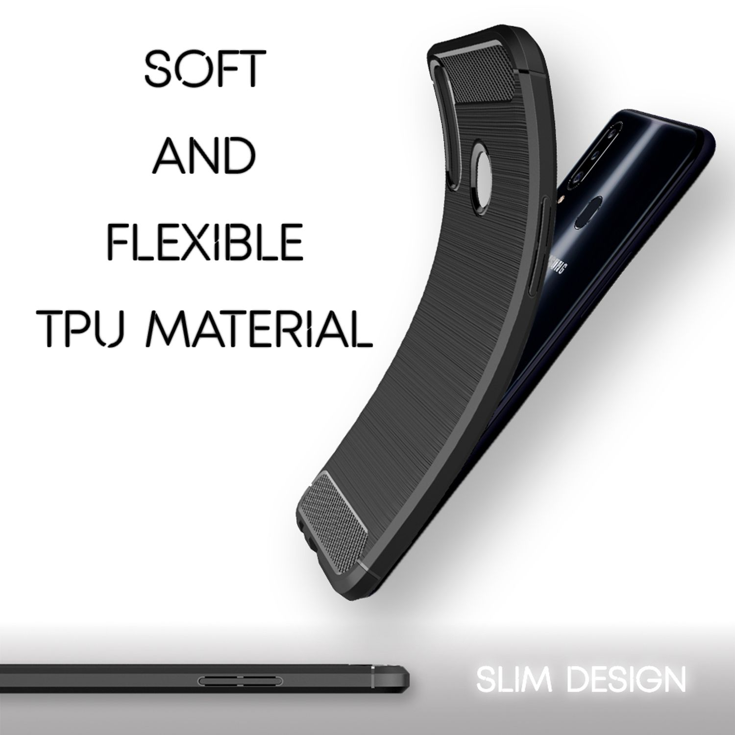 Schwarze Handyhülle aus flexiblem TPU-Material mit strukturierter Oberfläche.