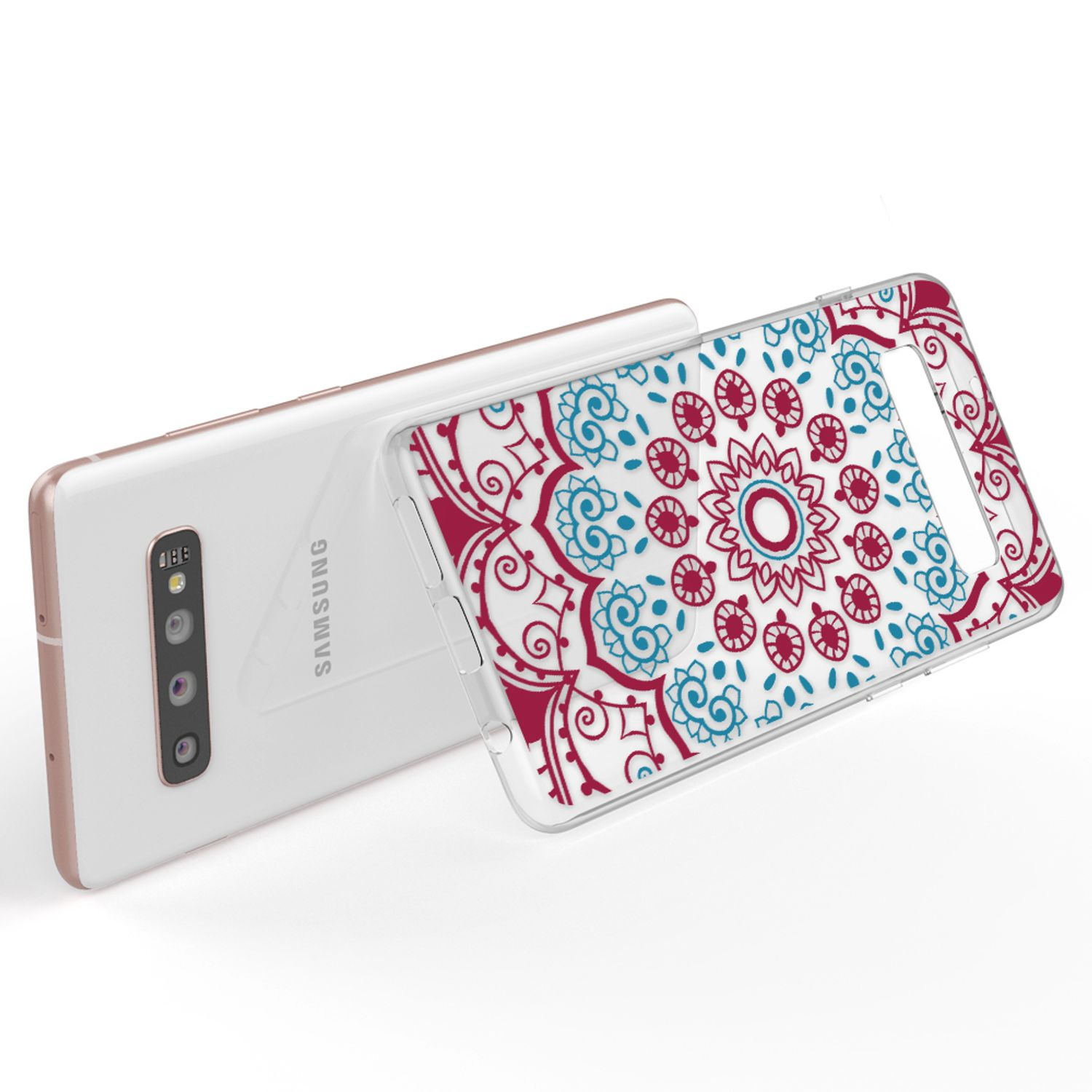 Ein weißes Samsung-Smartphone mit einer transparenten Hülle mit blauem und rotem Mandala-Muster.