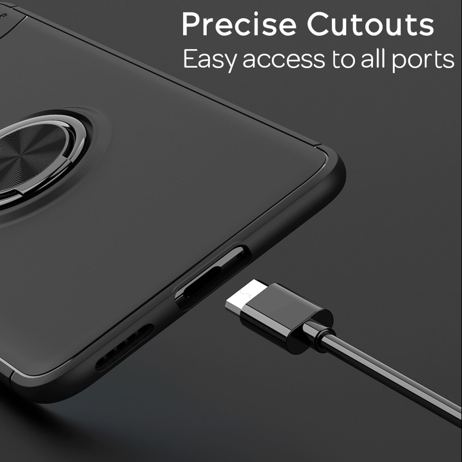 Schwarze Handyhülle mit Ringhalter und USB-C-Kabel.