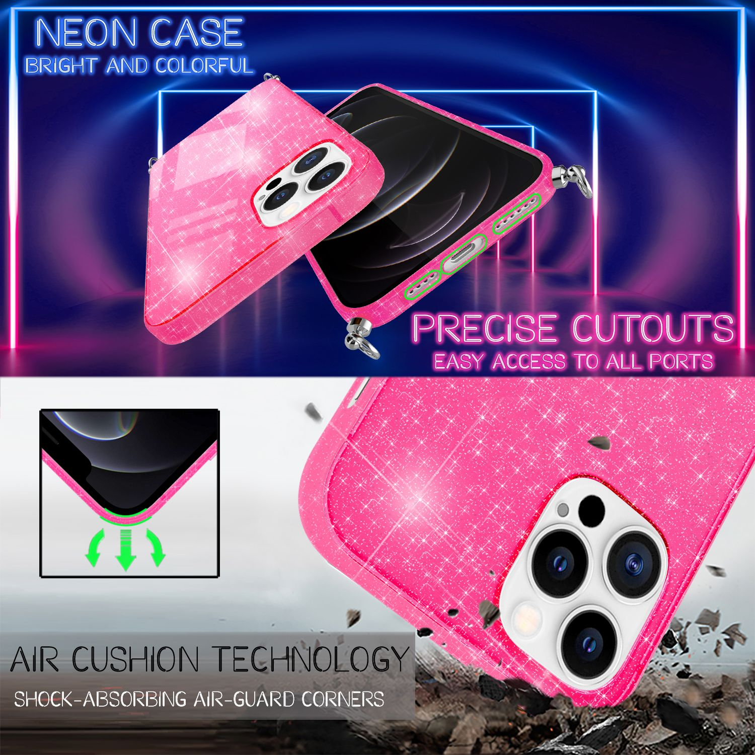 Glitzernde pinke Handyhülle mit Präzisionsausschnitten und Luftpolstertechnologie.