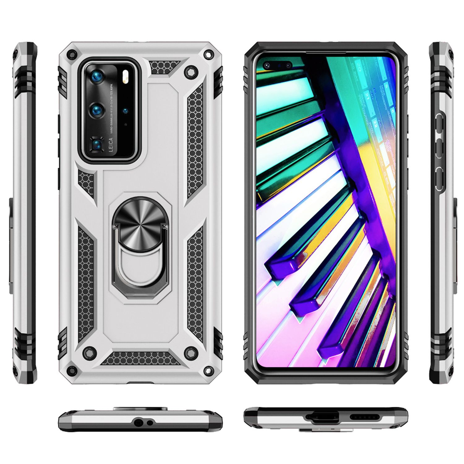 Ein weißes Handygehäuse mit Kamera und Ringhalterung, daneben das Handy mit Bildschirm.