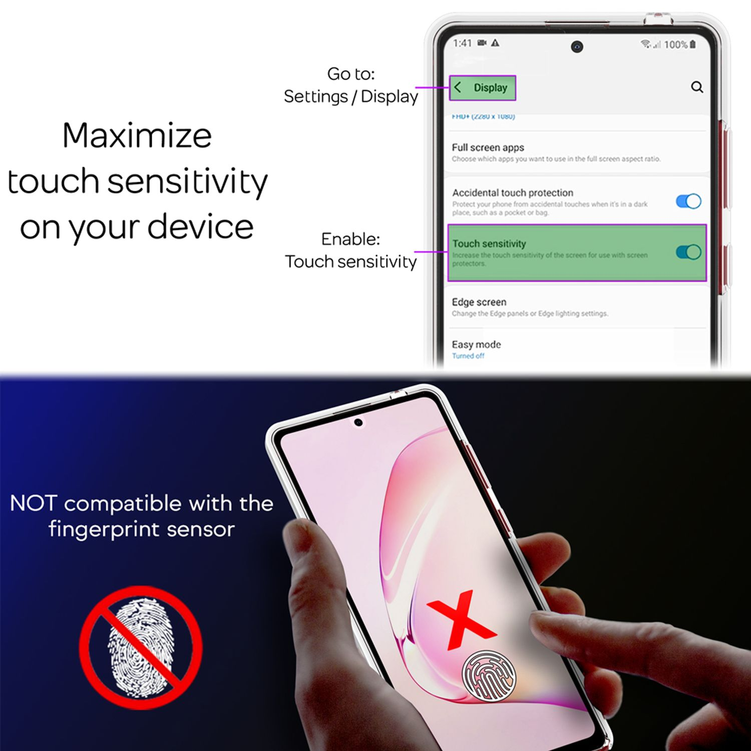 Anleitung zur Erhöhung der Touch-Empfindlichkeit und Warnung vor Fingerabdrucksensor-Inkompatibilität.