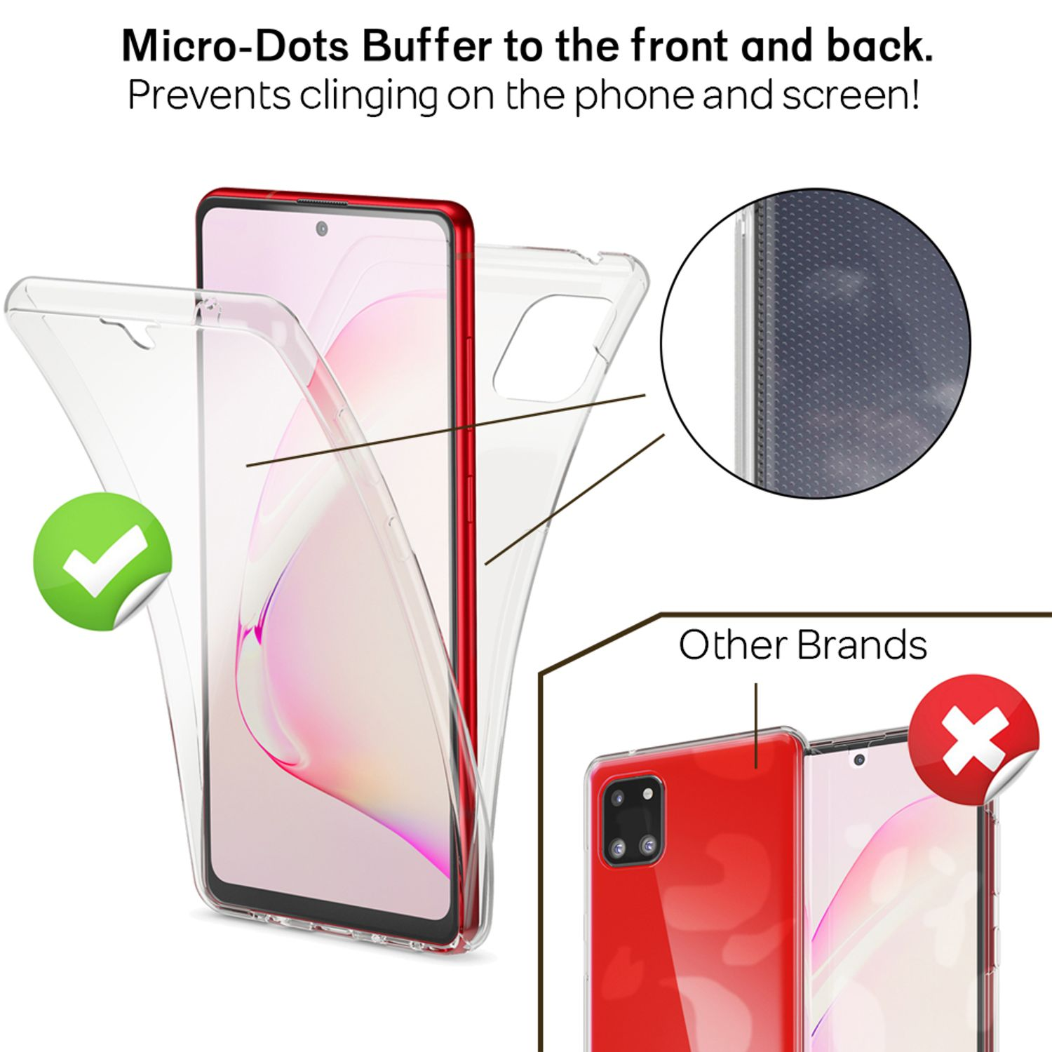 Transparente Handyhülle mit roten Akzenten und Mikropunkt-Puffer.