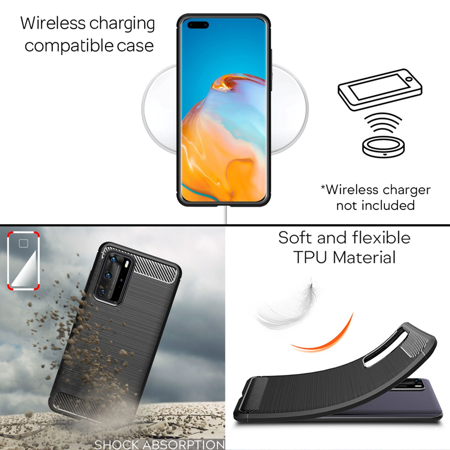 Handyhülle mit kabelloser Ladefunktion, Stoßdämpfung und TPU-Material. Ladegerät nicht enthalten.