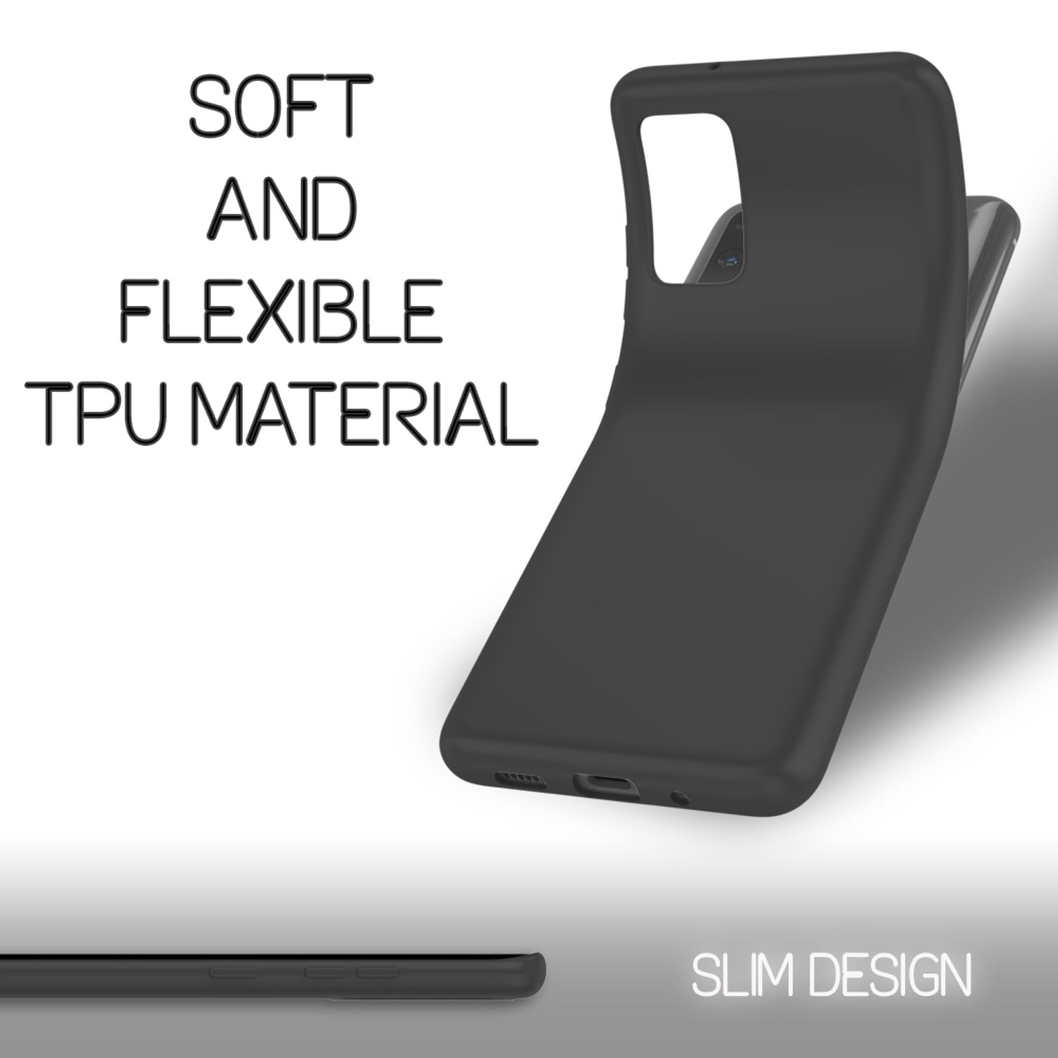 Custodia nera per telefono in materiale TPU morbido e flessibile con design sottile.