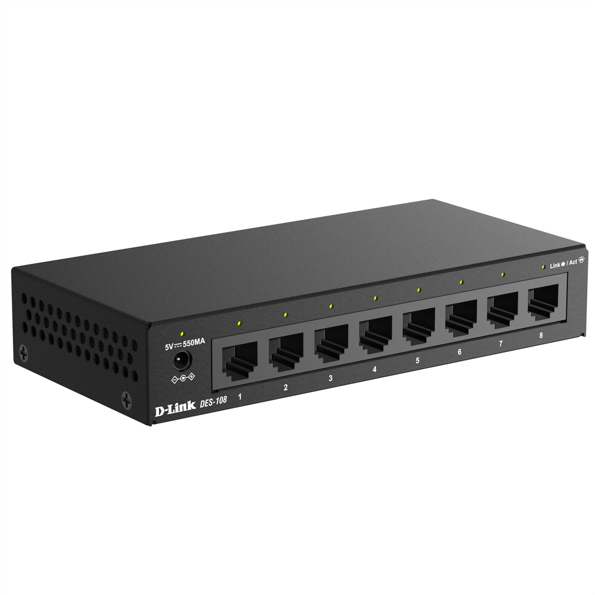 Ein schwarzer D-Link DES-108 8-Port-Switch mit Netzanschluss und Link/Act-LEDs.