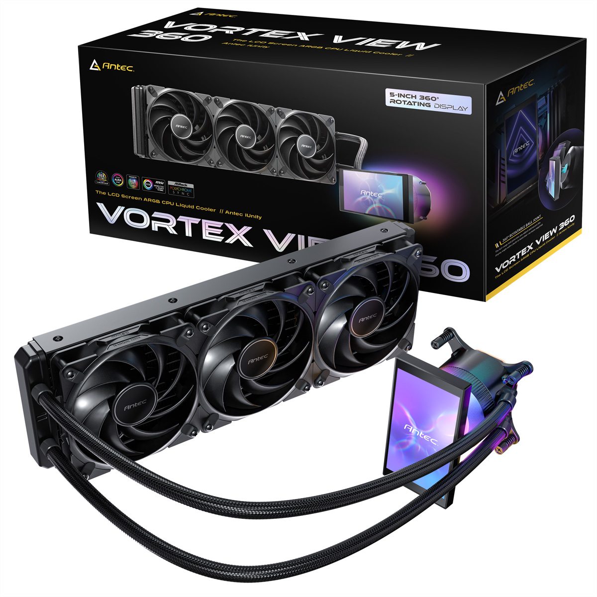 Dissipatore CPU Antec Vortex View 360 con tre ventole e display LCD rotante su bianco.
