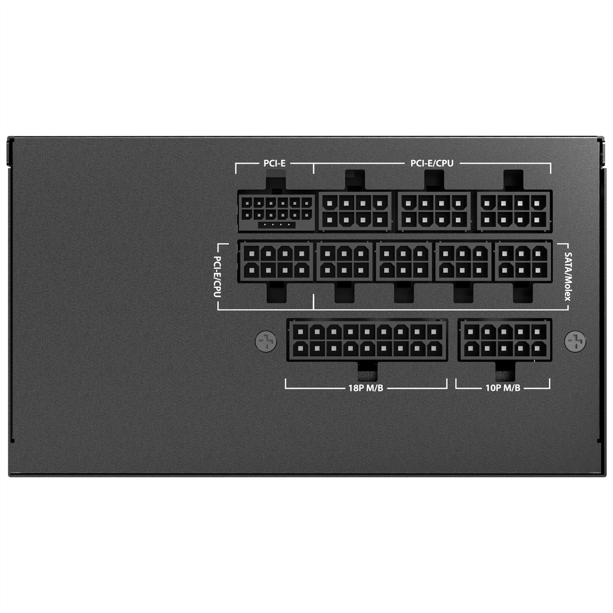 Alimentatore grigio con porte etichettate: PCI-E, PCI-E/CPU, SATA/Molex, 18P M/B, 10P M/B.
