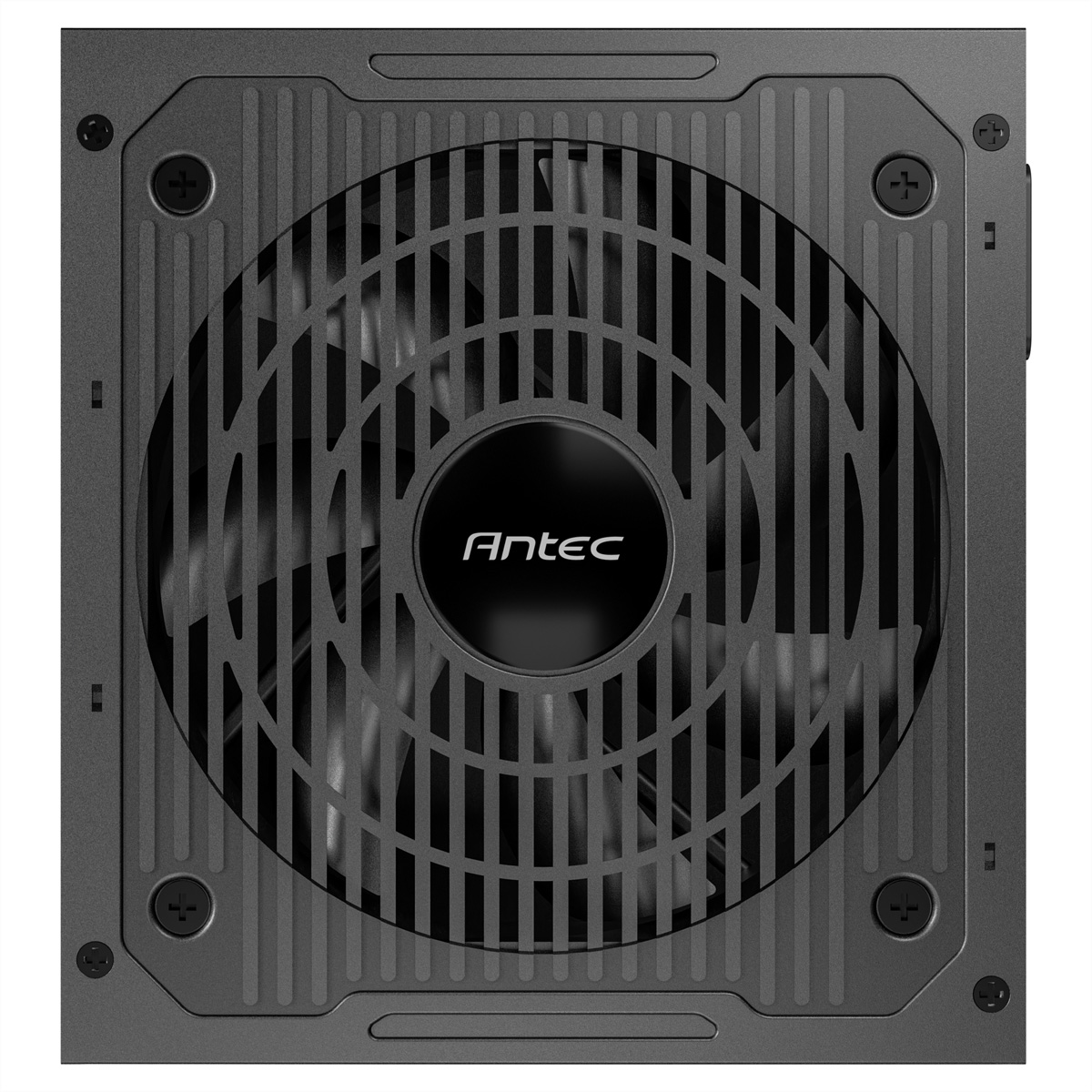 Alimentatore grigio con griglia ventola e logo Antec.