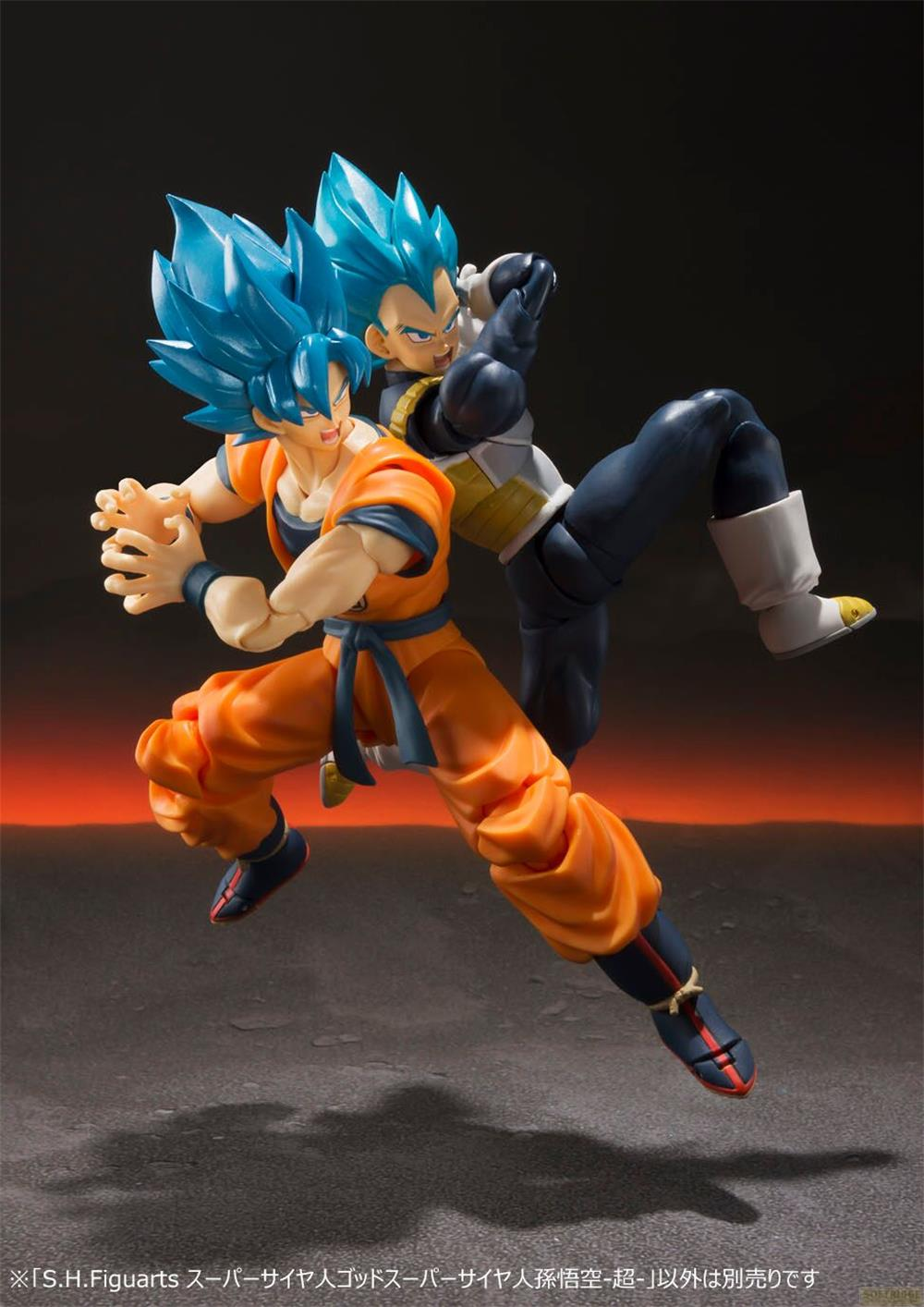 Goku und Vegeta in Super Saiyajin Blau Pose, vor einem dunklen Hintergrund.