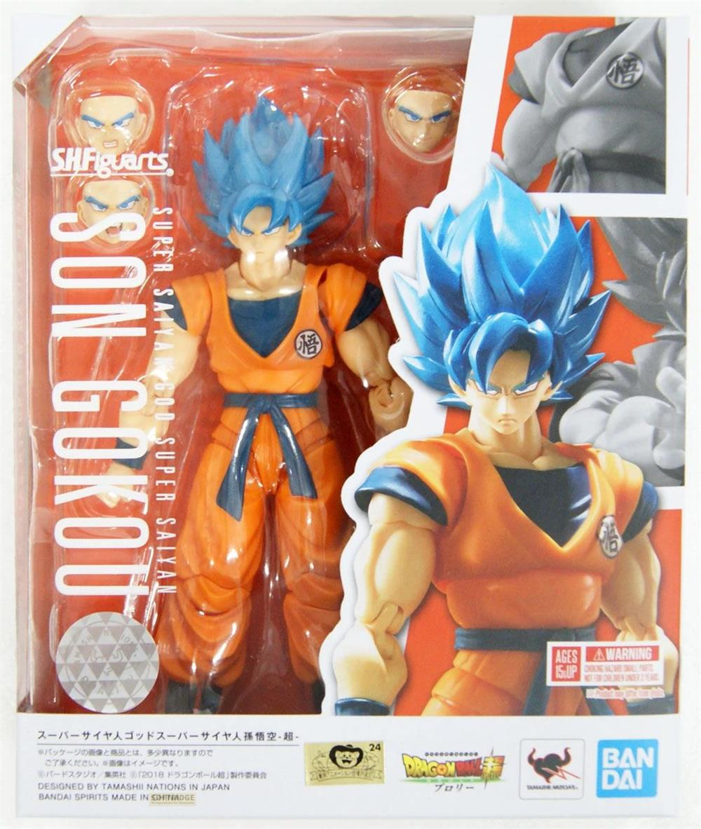 Ein Actionfigur von Son Goku in Super Saiyajin Gott Super Saiyajin Form.