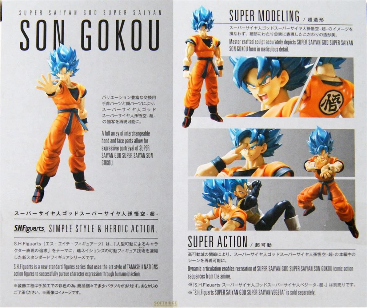 Figuren von Son Goku als Super Saiyajin Gott Super Saiyajin in verschiedenen Posen.