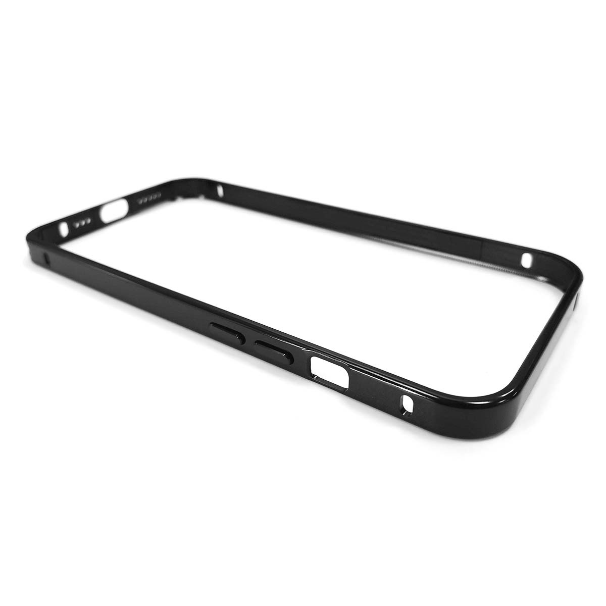Una cornice nera per telefono con pulsanti e ritagli su sfondo bianco.