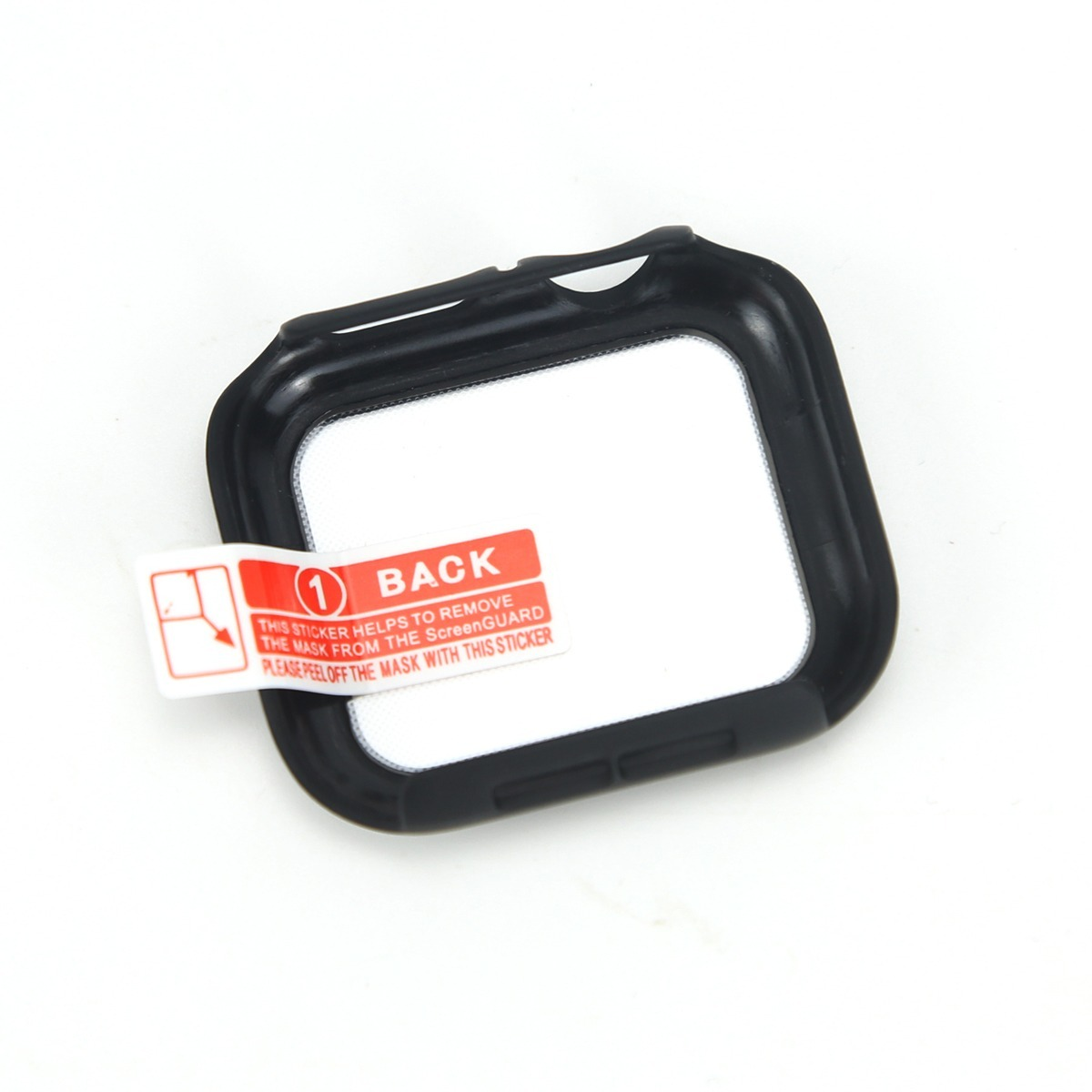 Custodia per orologio nera con schermo bianco e adesivo 'BACK'.