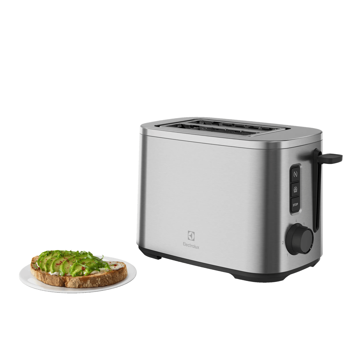 Tostapane in acciaio inox con toast con avocado e crema su un piatto accanto.