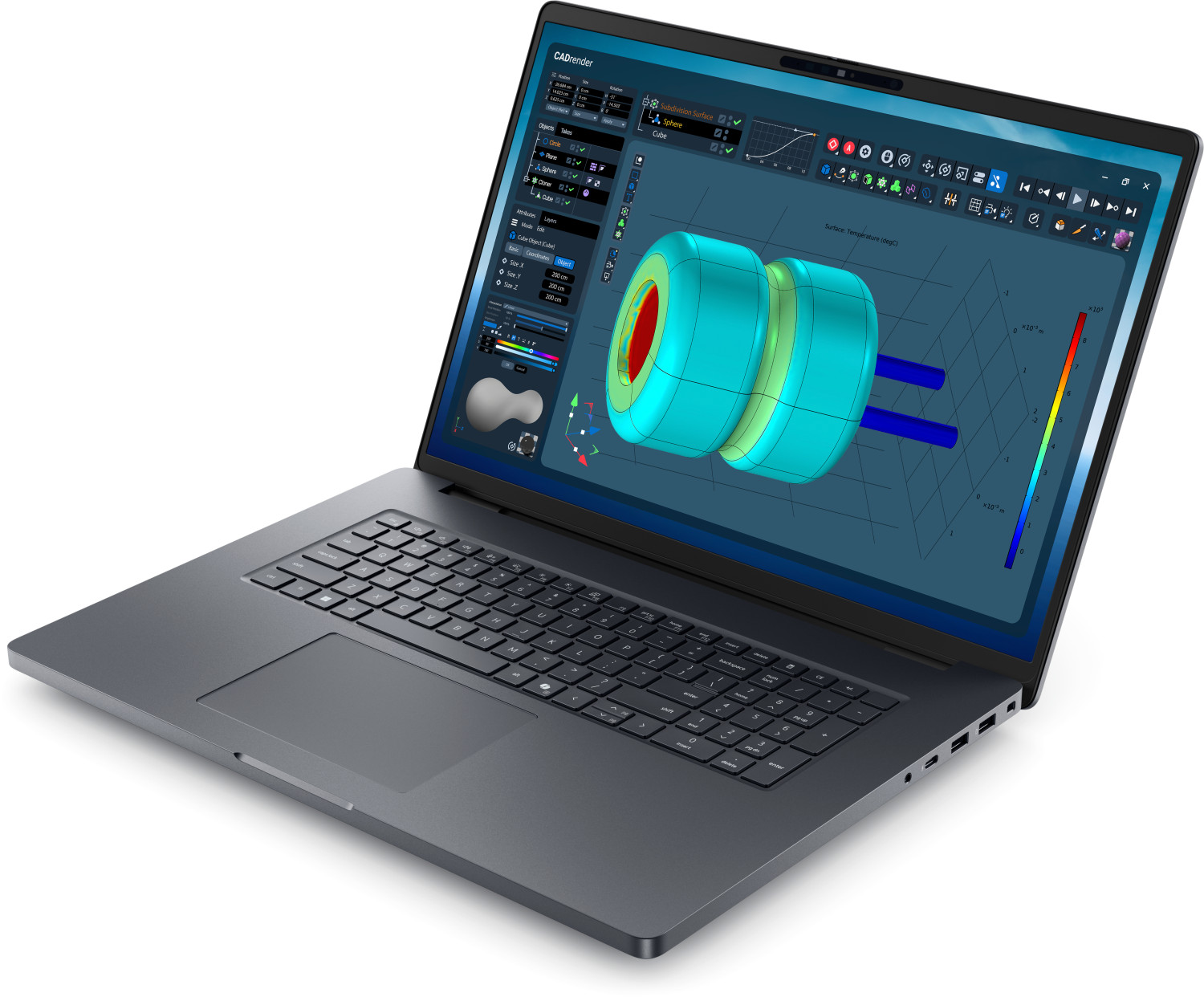 Un laptop visualizza una simulazione 3D con oggetti e grafici blu e rossi.