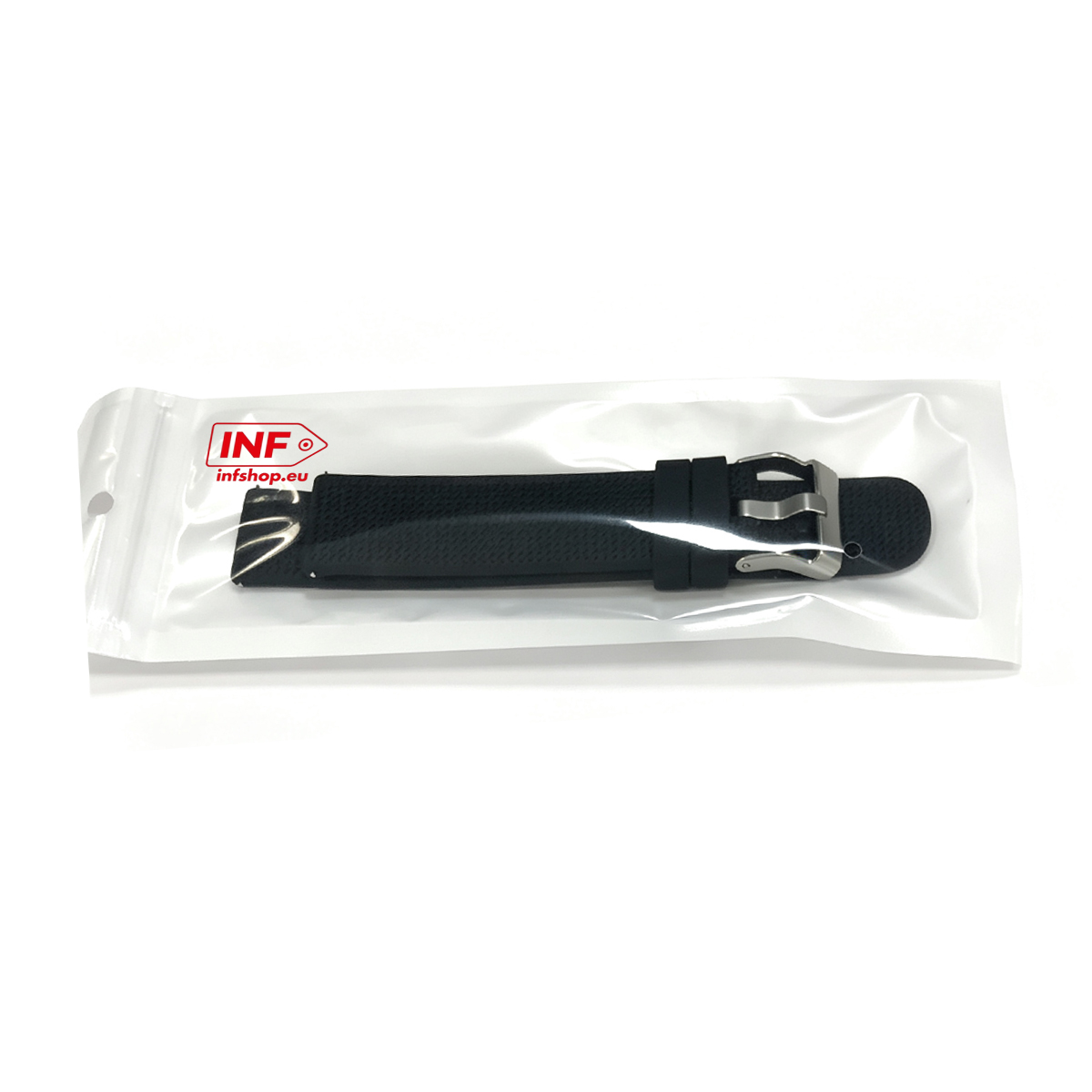 Schwarzes Uhrenarmband mit Metallschnalle in transparenter Verpackung mit INF-Logo.