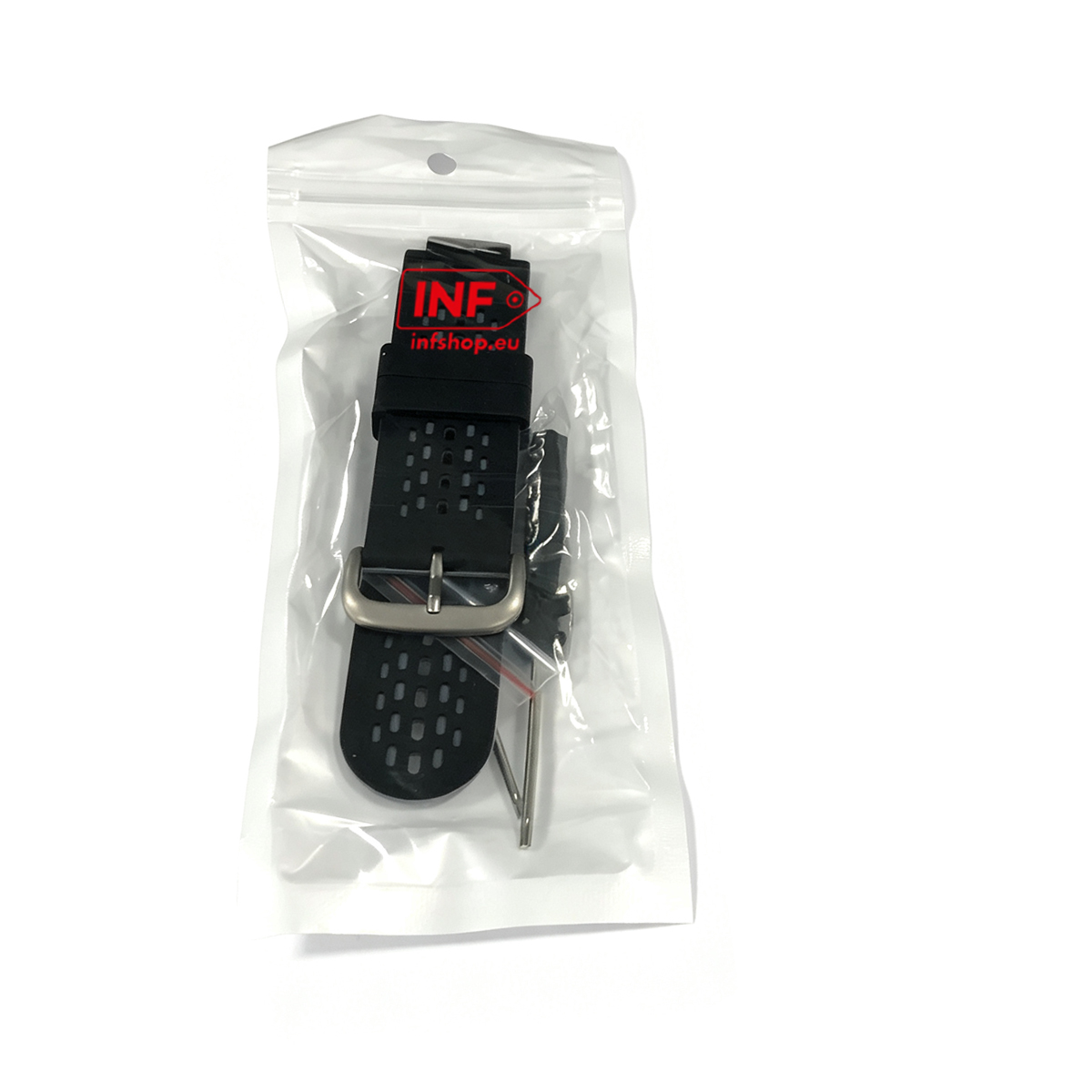 Schwarzes Uhrenarmband mit Lochmuster, Dornschließe, Werkzeug in Plastiktüte.