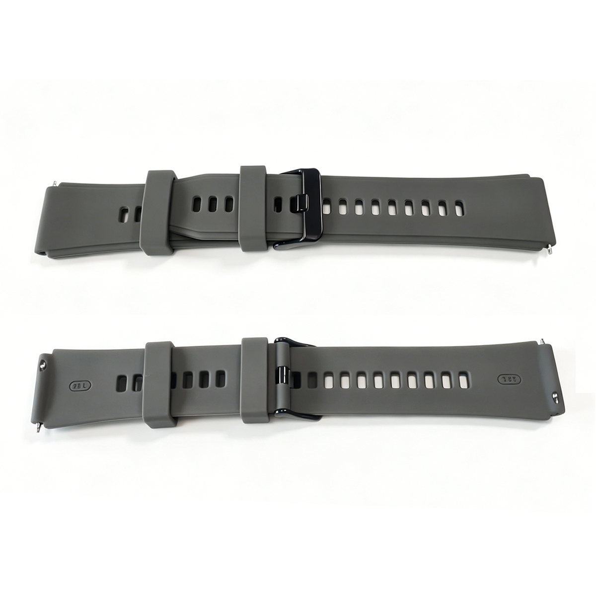 Zwei graue Uhrenarmbänder mit schwarzer Schnalle, nebeneinander auf weißem Hintergrund.