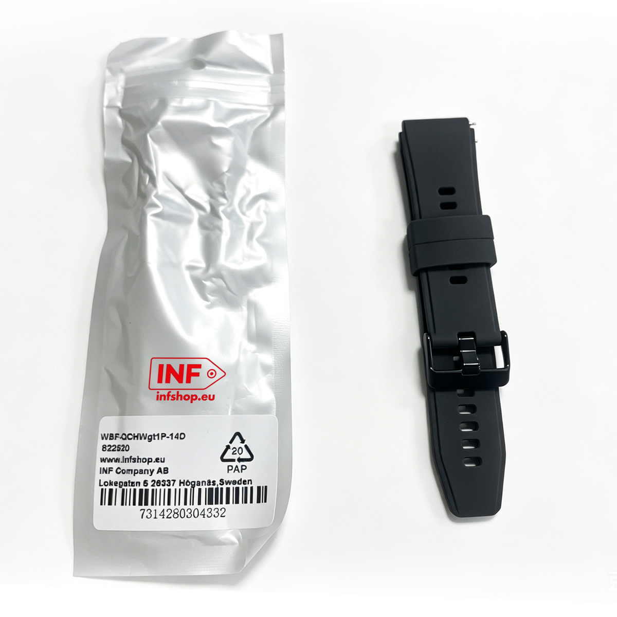 Schwarzes Uhrenarmband mit silberner Verpackung. Das Armband hat eine Schnalle.