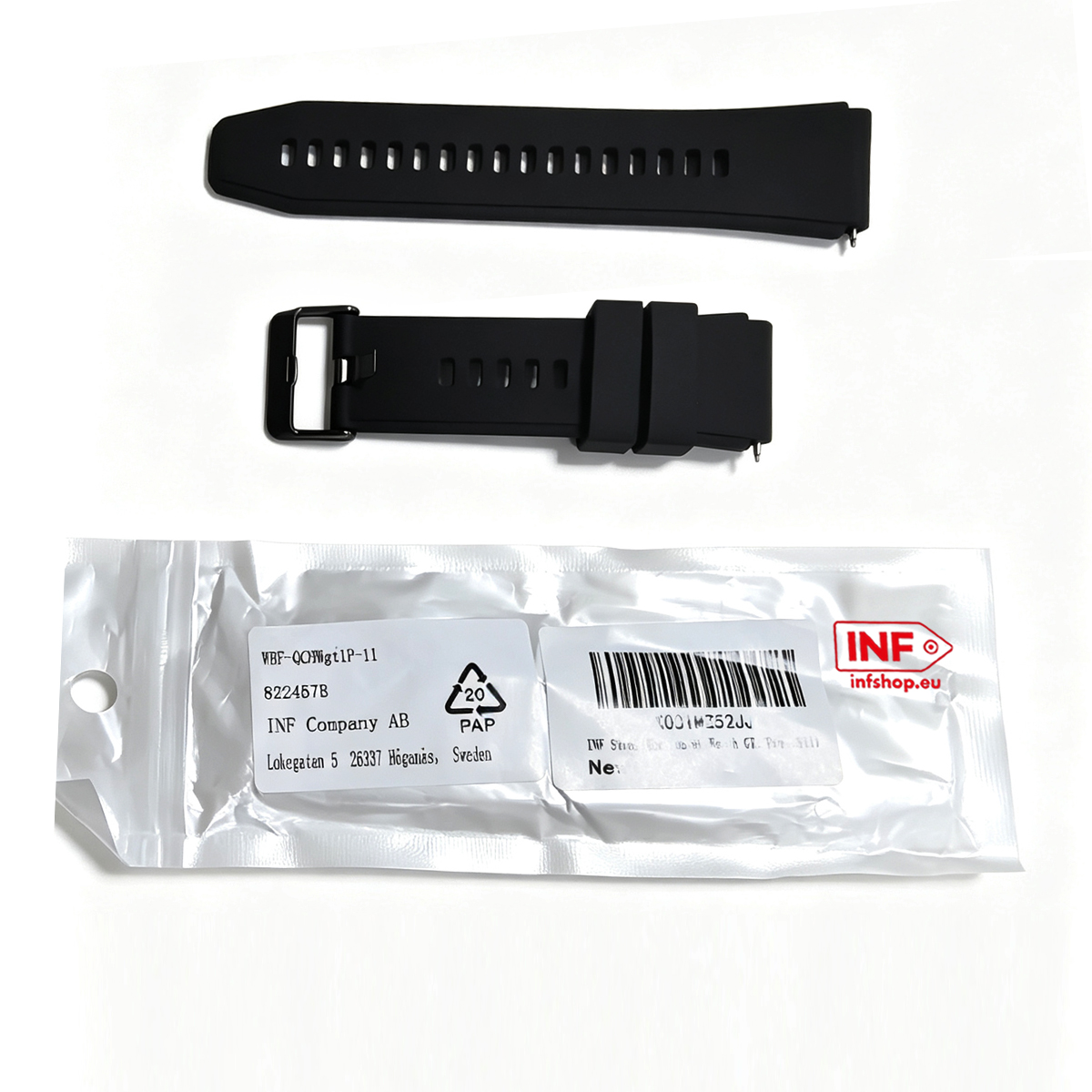 Zwei schwarze Uhrenarmbänder und eine Verpackung mit Produktinformationen.
