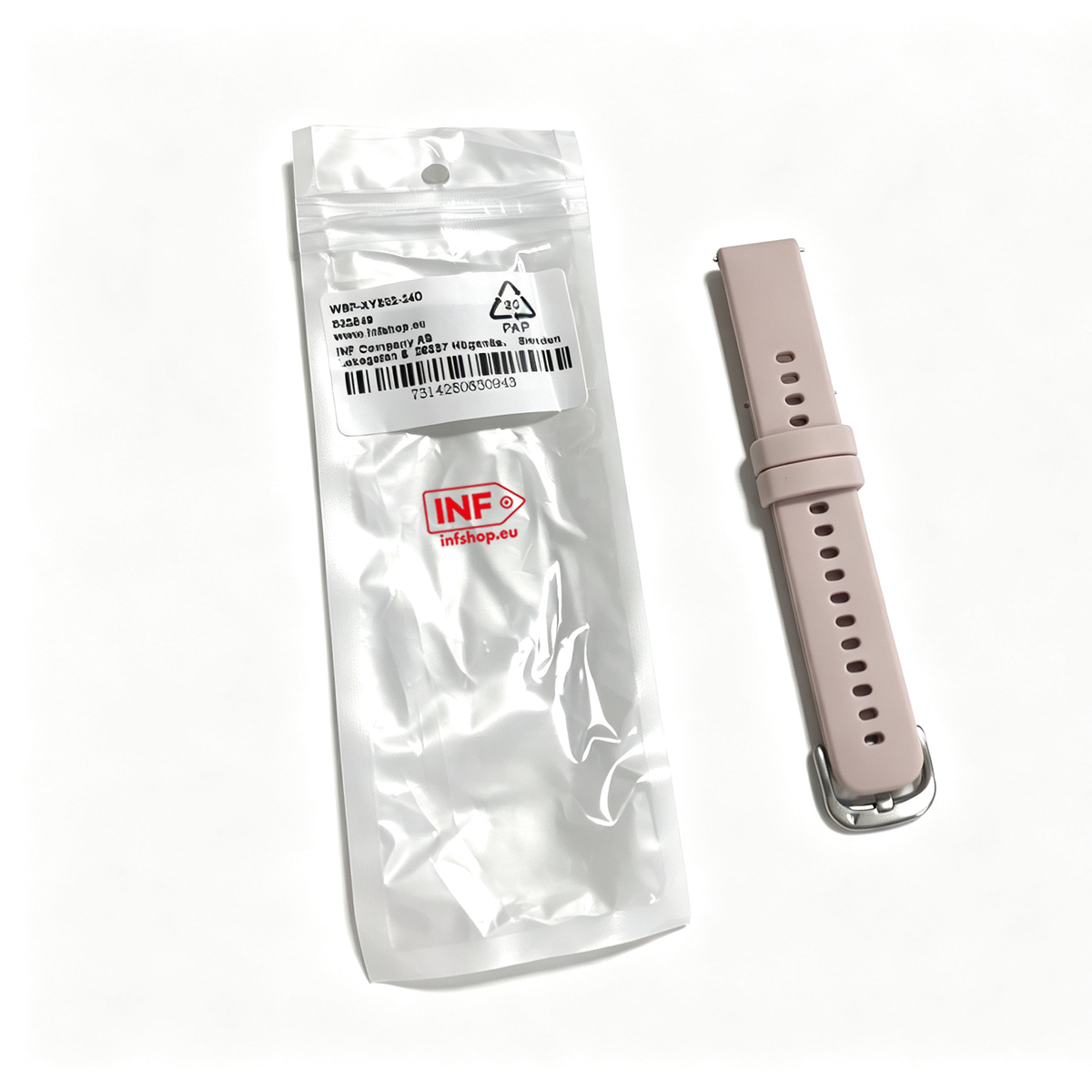 Ein hellrosa Uhrenarmband neben einer durchsichtigen Verpackung mit Beschriftung.