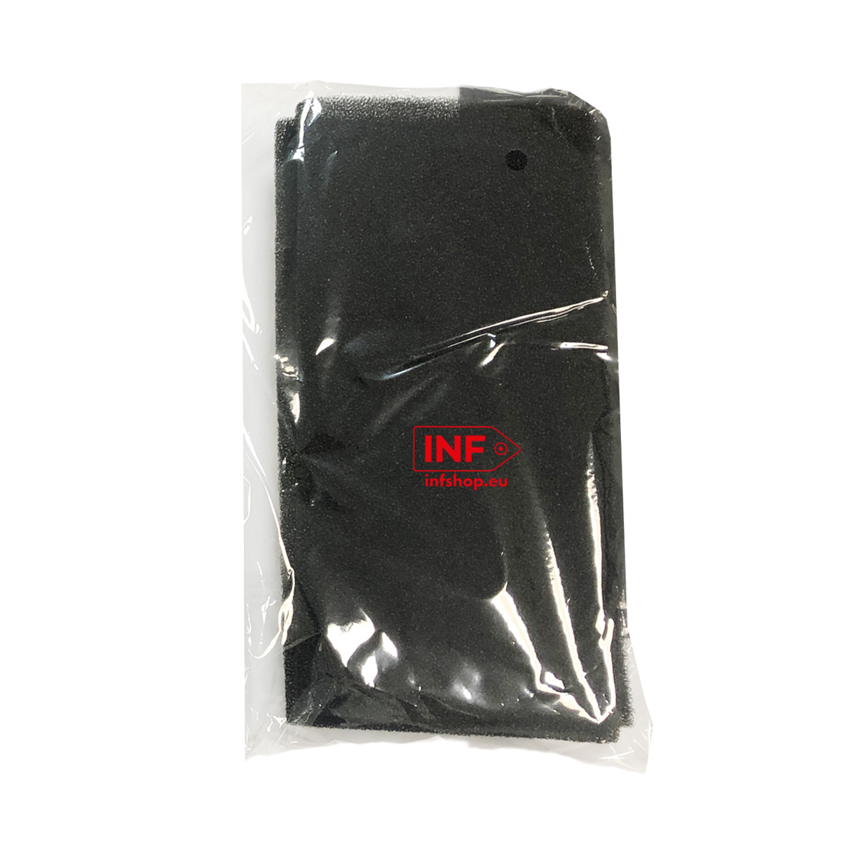 Ein schwarzer Schaumstofffilter ist in klarer Plastikverpackung versiegelt. Das Logo INF infshop.eu ist sichtbar.