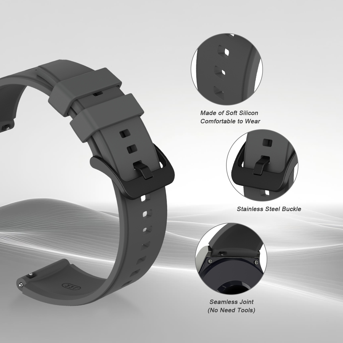 Graues Silikon-Uhrenarmband mit Edelstahlschnalle und nahtloser Verbindung.