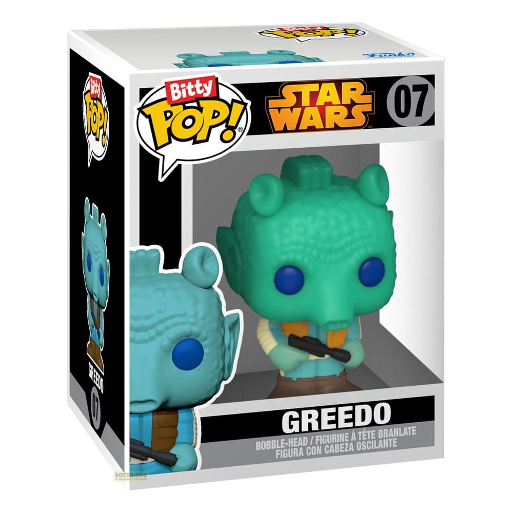 Personaggio Funko Pop! Star Wars Greedo in scatola. Alieno verde con occhi blu e blaster.