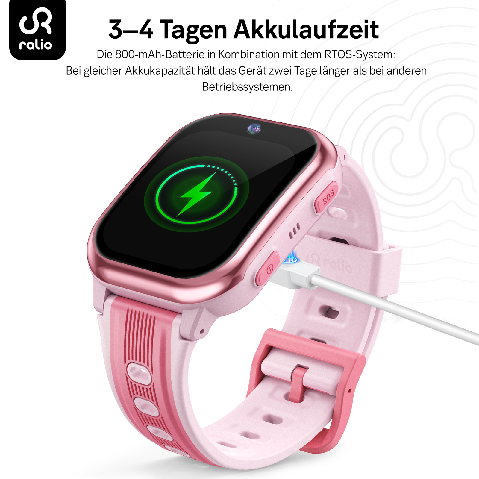 Ein rosafarbenes Kinder-Smartwatch wird aufgeladen. Der Bildschirm zeigt ein grünes Blitzsymbol.