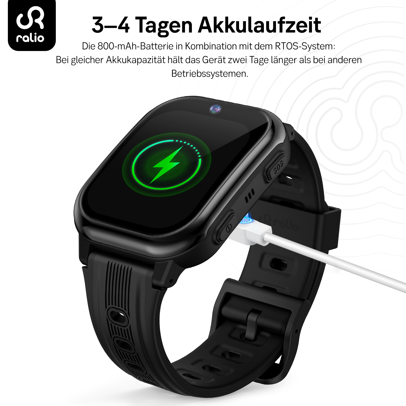 Schwarze Smartwatch wird geladen, mit Ladeanzeige und SOS-Taste.