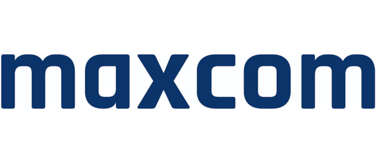 Il logo presenta la scritta "maxcom" in lettere blu scuro su sfondo bianco.