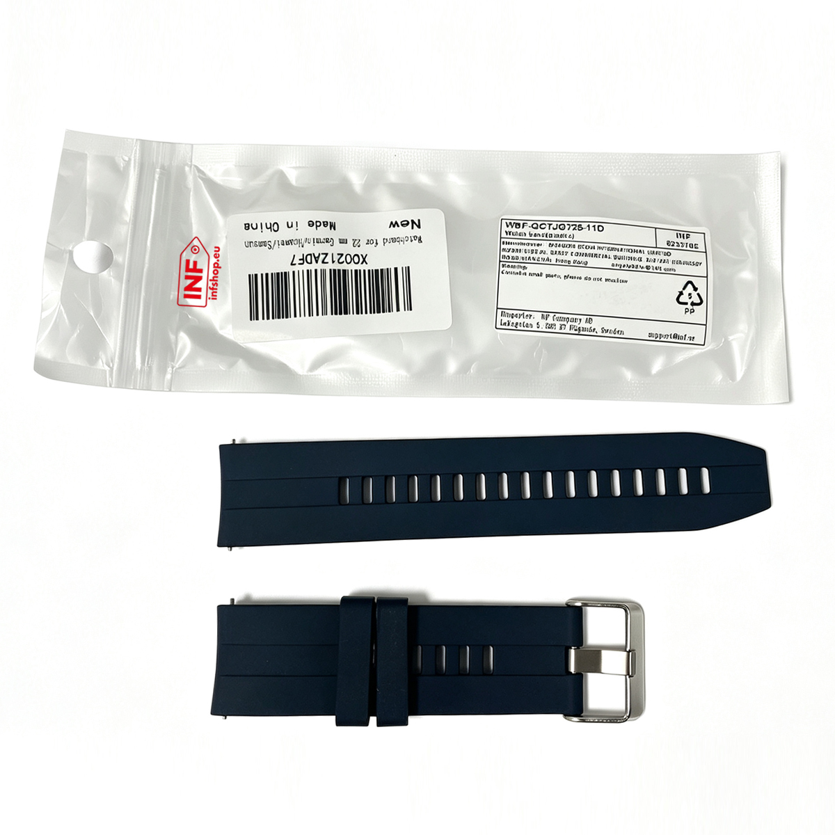 Dunkelblaue Uhrenarmbänder aus Gummi, eines mit Schnalle, in Verpackung.