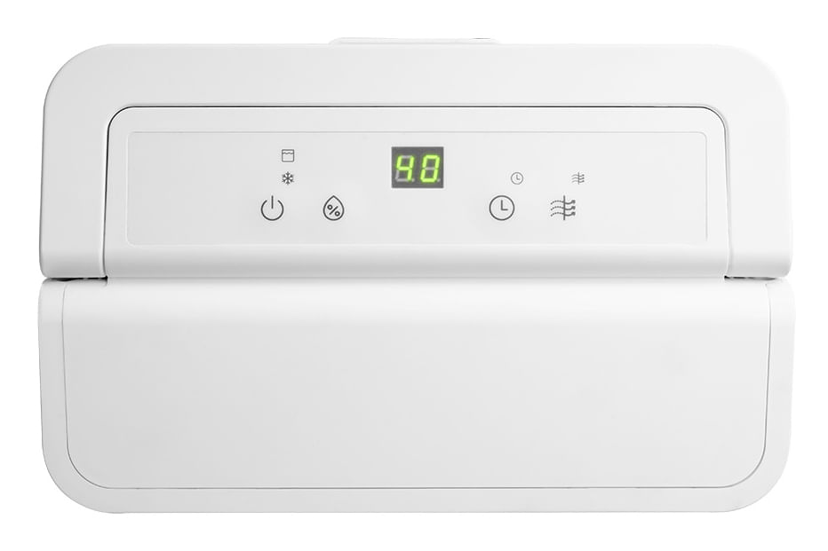 Panel de control blanco de un deshumidificador con una pantalla digital verde que muestra "8.8" e iconos de funciones varias.