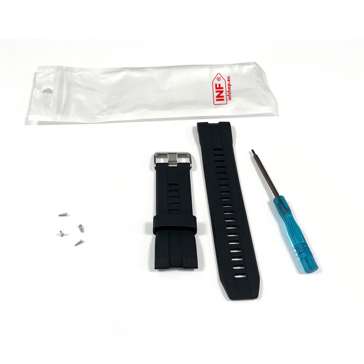 Schwarze Uhrenarmbänder, Schrauben und ein blauer Schraubendreher auf weißem Grund.