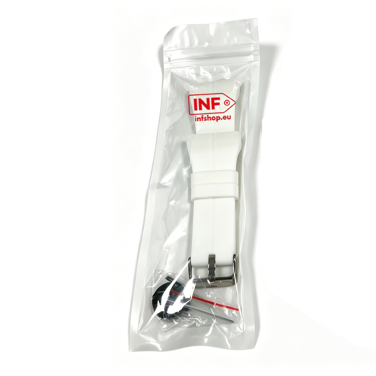Weißes Uhrenarmband in Verpackung mit Werkzeug. Enthält INF-Logo.