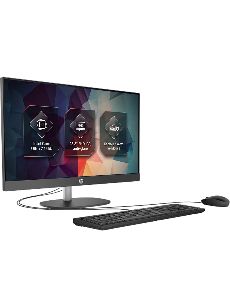 Intel Core Ultra 7 işlemcili HP Hepsi Bir Arada bilgisayar, 23,8" FHD IPS ekran, klavye ve fare.