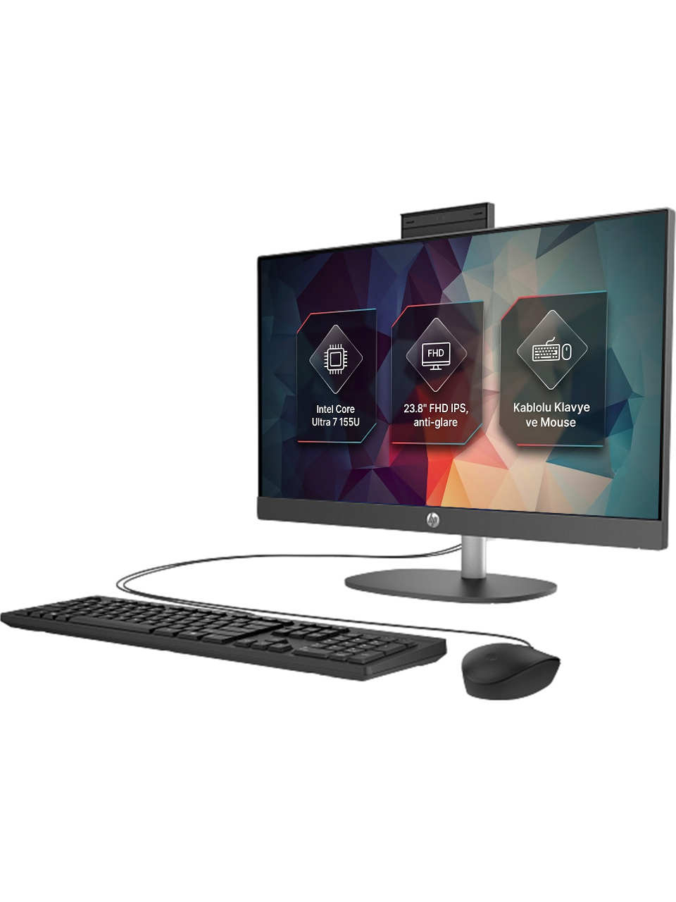 Intel Core Ultra 7 işlemcili, 23,8" FHD IPS ekranlı, klavyeli ve fareli hepsi bir arada bilgisayar.